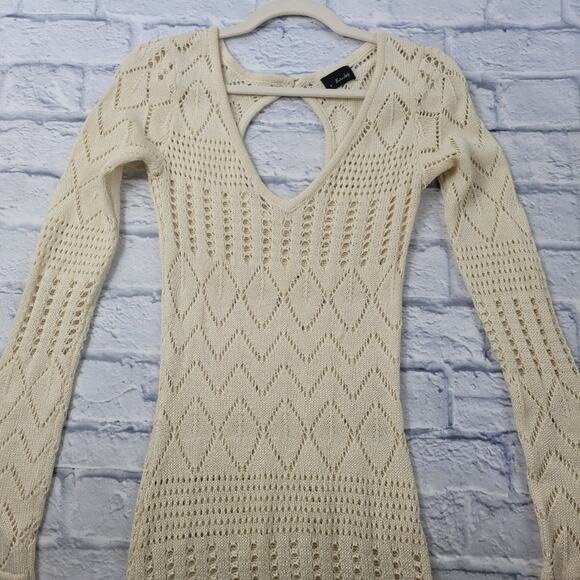 Bardot Cream Bodycon Open Knit V-neck Sweater Dress size 6 Keyhole Back - Picture 7 of 16